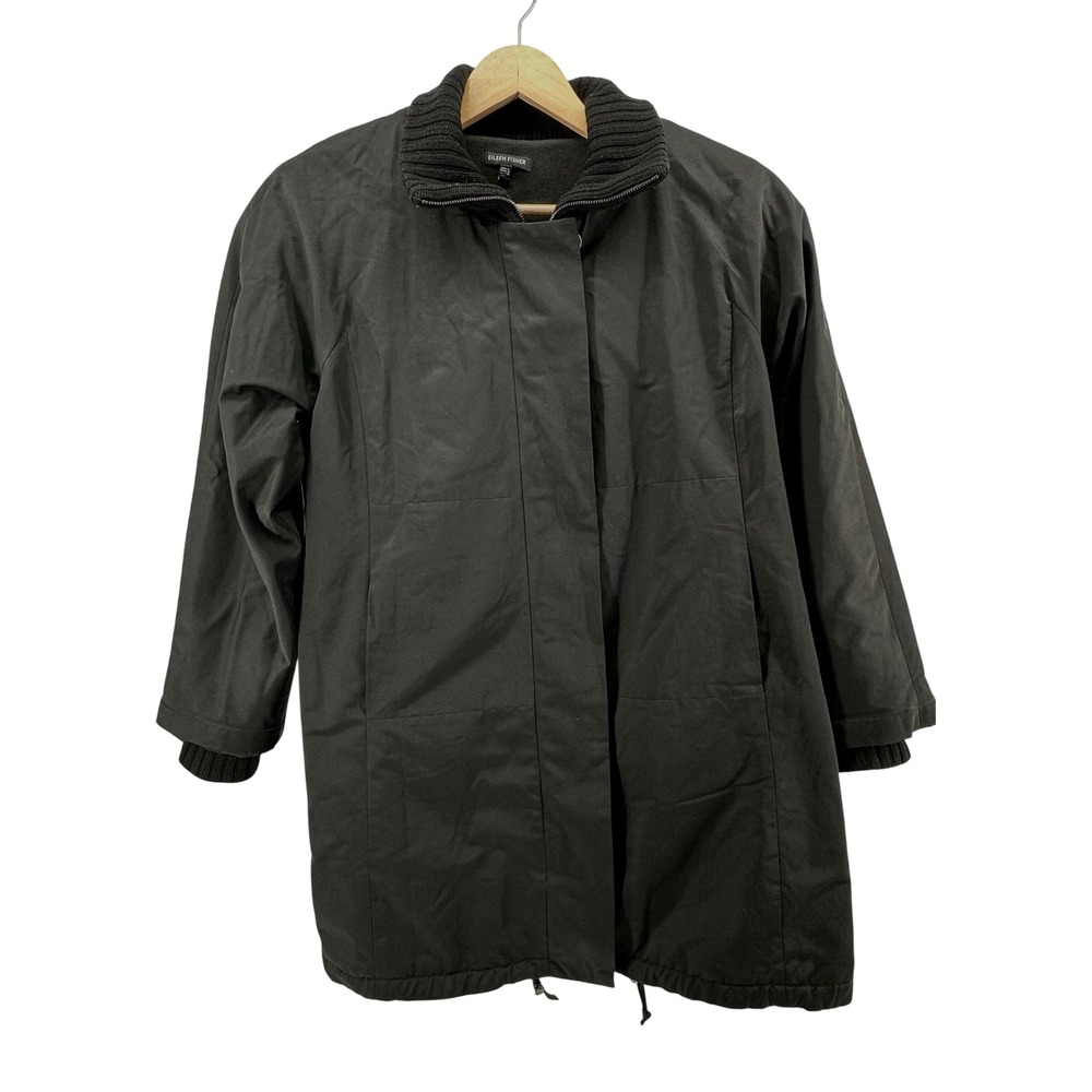 Eileen Fisher Womens Black Fleece Lined Ribbed Collar Parka Coat Large